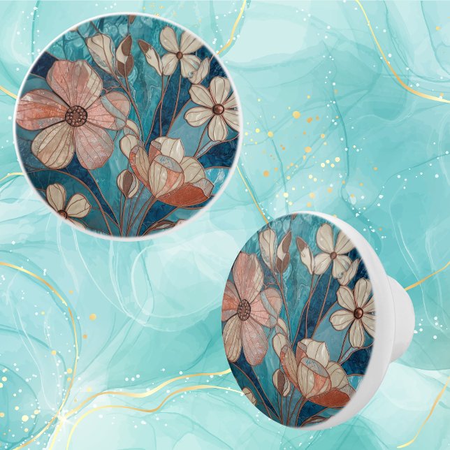 Blue Floral Teal Cream Copper Ceramic Knob (Creator Uploaded)