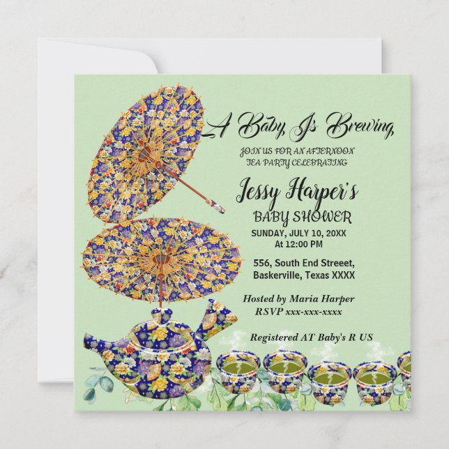 Blue Floral Teapot Afternoon Tea Party Baby Shower Invitation (Front)