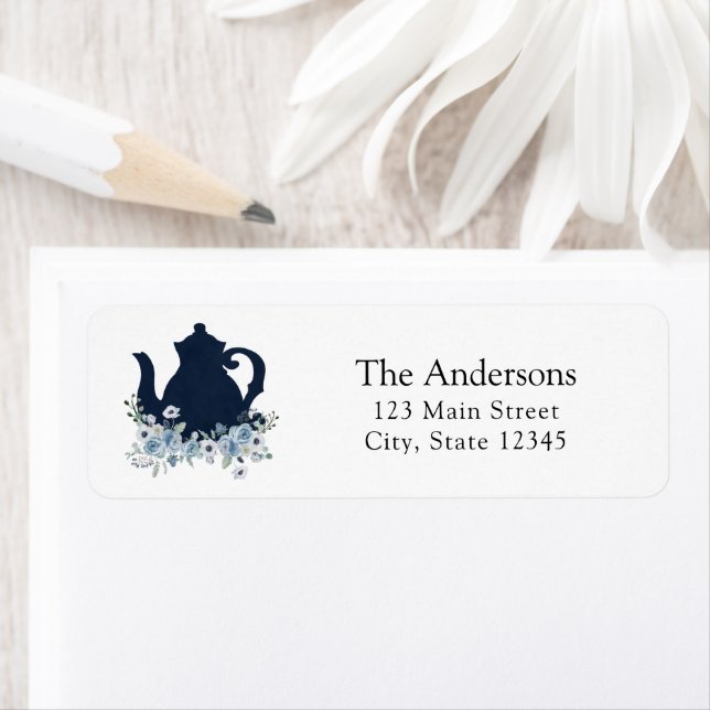 Blue Floral Teapot Return Address Label (Insitu)