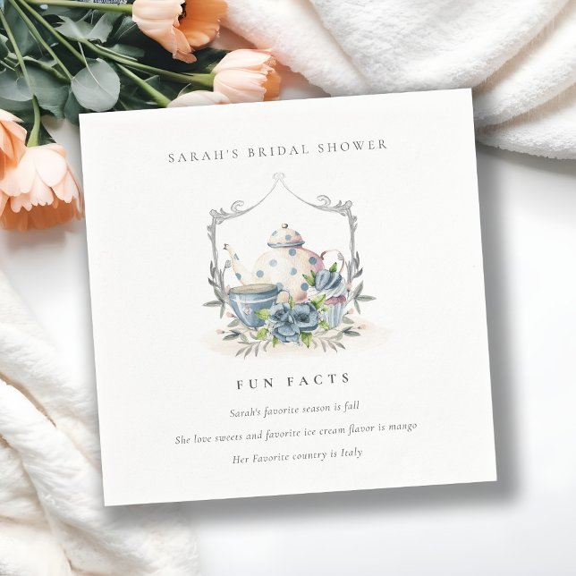 Blue Floral Teapot Tea Fun Facts Bridal Shower Napkin (Creator Uploaded)