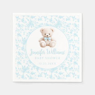 Blue floral teddy bear baby boy shower paper napkin