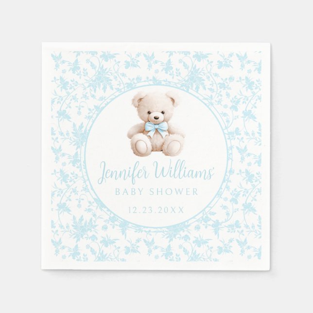 Blue floral teddy bear baby boy shower paper napkin (Front)