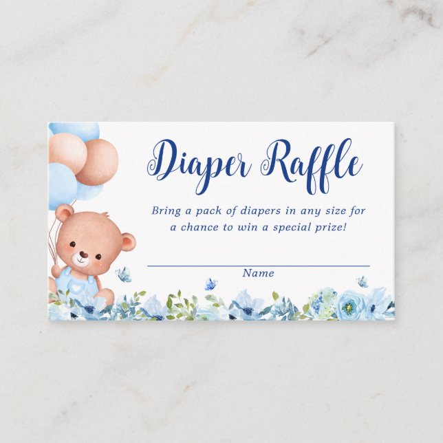 Blue Floral Teddy Bear Baby Shower Diaper Raffle Enclosure Card (Front)