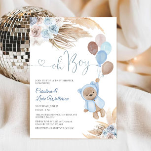 Blue Floral Teddy Bear Baby Shower Invitation