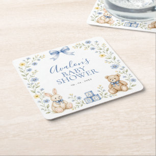 Blue Floral Teddy Bear Bunny Nursery Baby Shower Square Paper Coaster