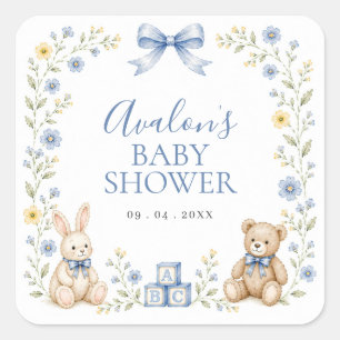 Blue Floral Teddy Bear Bunny Nursery Baby Shower Square Sticker
