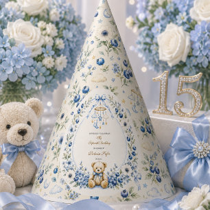 Blue Floral Teddy Bear Fifteenth Birthday party Hat