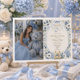 Blue Floral Teddy Bear Fifteenth Birthday Party Invitation