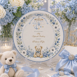 Blue Floral Teddy Bear Fifteenth Birthday party Paper Plate