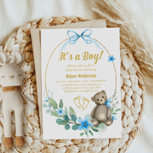Blue Floral Teddy Bear It's a Boy Baby Shower Invitation