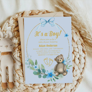 Blue Floral Teddy Bear It's a Boy Baby Shower Invitation