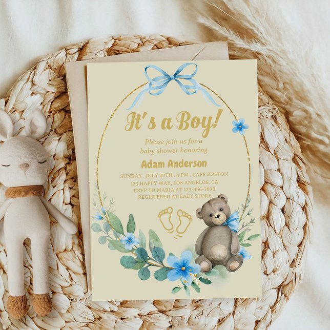 Blue Floral Teddy Bear It's a Boy Baby Shower Invitation (Creator Uploaded)