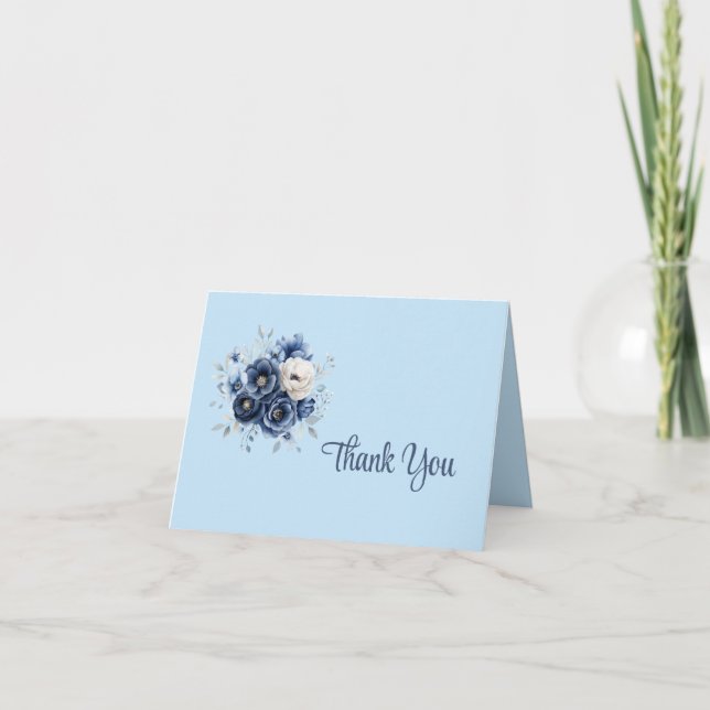 Blue Floral Thank You Note Card (Front)