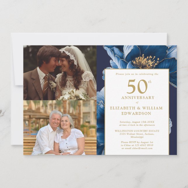 Blue Floral Then And Now 50th Anniversary 2 Photo Invitation (Front)