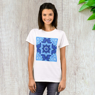 Blue Floral Tile Pattern Vintage Mediterranean  T-Shirt