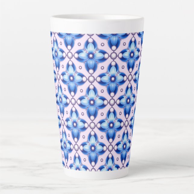 Blue Floral Tile Pattern With Pearl Accents  Latte Mug (Front)