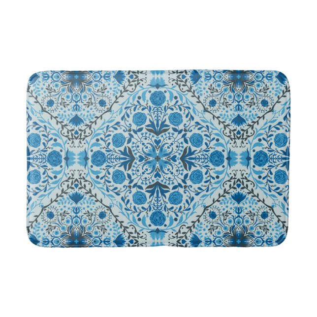 Blue floral tiles bath mat (Front)