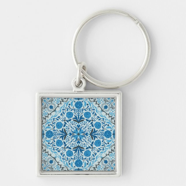 Blue floral tiles key ring (Front)