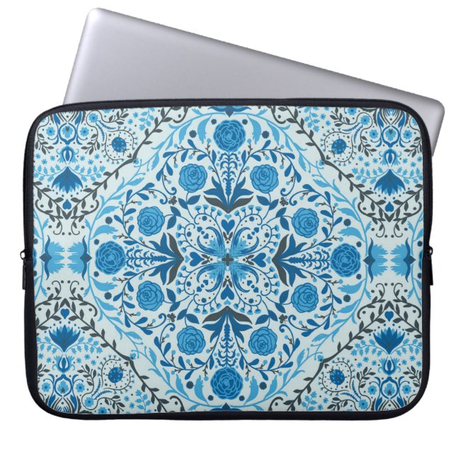 Blue floral tiles laptop sleeve (Front)