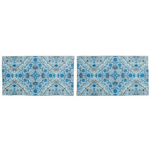 Blue floral tiles pillowcase