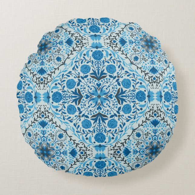 Blue floral tiles round cushion (Front)