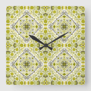 Blue floral tiles square wall clock