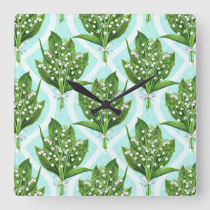 Blue floral tiles square wall clock