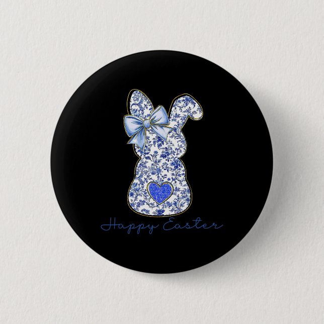 Blue Floral Toile Chinoiserie Bunny Easter For Gir 6 Cm Round Badge (Front)