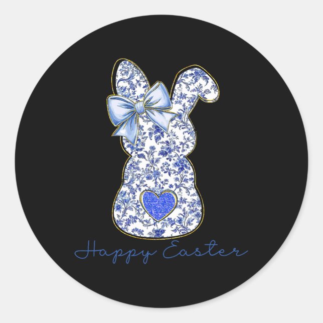 Blue Floral Toile Chinoiserie Bunny Easter For Gir Classic Round Sticker (Front)