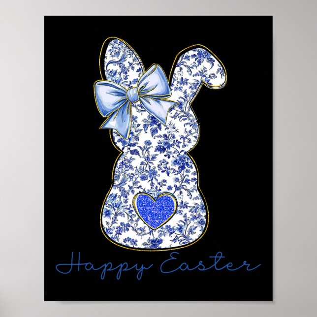 Blue Floral Toile Chinoiserie Bunny Easter For Gir Poster (Front)