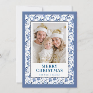 Blue Floral Toile Christmas Photo Holiday Card