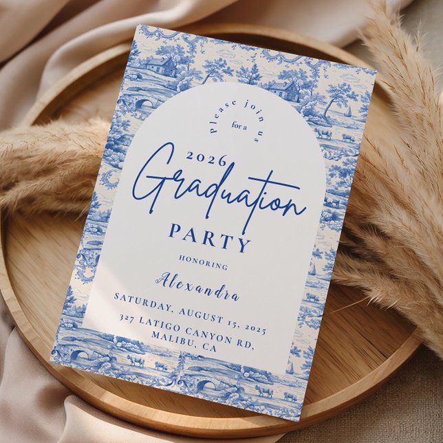 Blue Floral Toile Graduation Party Invitation (Creator Uploaded)
