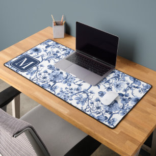 Blue Floral Toile Pattern Monogram Initial Desk Mat