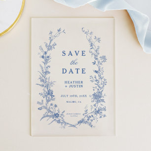 Blue Floral Toile Save The Date Acrylic Invitations