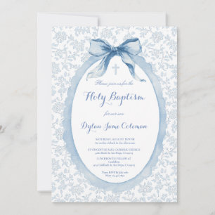 Blue Floral Toile Watercolor Bow Baptism Invite