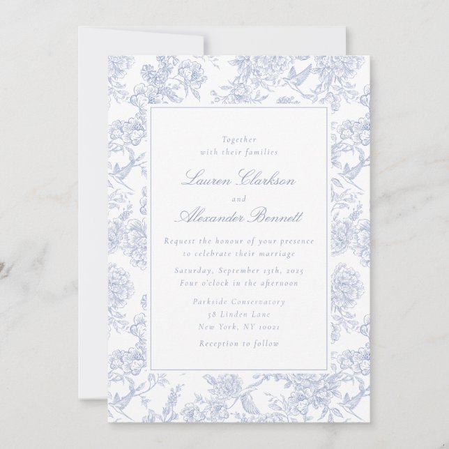 Blue Floral Toile Wedding Invitation (Front)