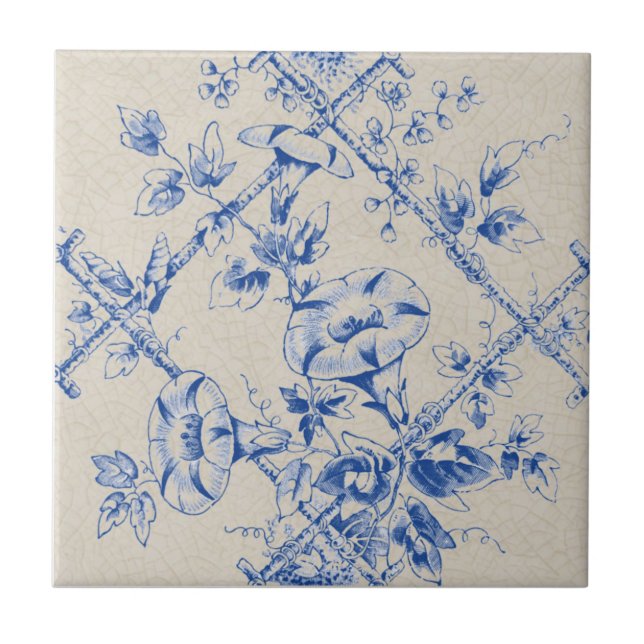 Blue Floral Trellis Victorian Reproduction Ceramic Tile (Front)