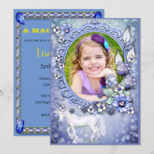 Blue Floral Unicorn Photo Birthday Party Invitation