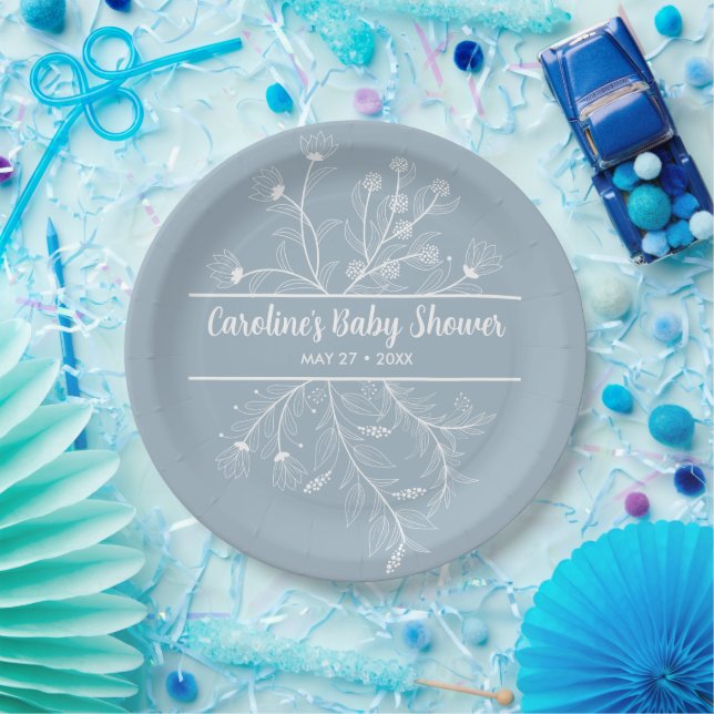 Blue Floral Vintage Baby Shower Paper Plate (Party)