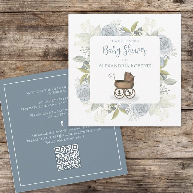 Blue Floral Vintage Carriage Baby Shower Invitation (Baby shower invitation with vintage carriage and watercolor floral. )