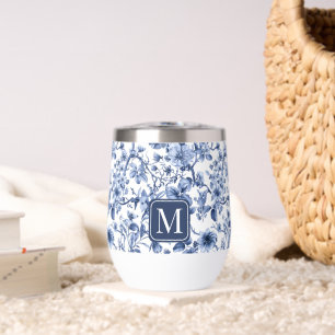 Blue Floral Vintage Toile Pattern Monogram