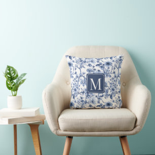 Blue Floral Vintage Toile Pattern Monogram Cushion