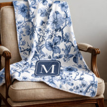 Blue Floral Vintage Toile Pattern Monogram