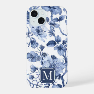 Blue Floral Vintage Toile Pattern Monogram iPhone 15 Case