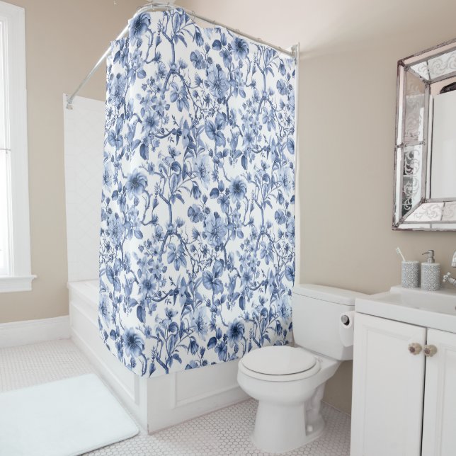 Blue Floral Vintage Toile Pattern  Shower Curtain (In Situ)