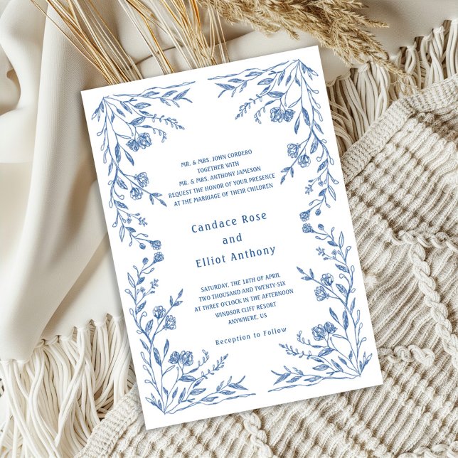 Blue Floral Vintage Wedding Invitation (Creator Uploaded)
