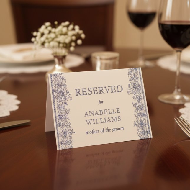 Blue floral vintage wedding reserved place card (Creator Uploaded)