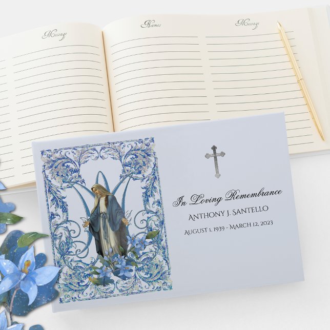 Blue Floral Virgin Mary  Memorial Funeral  Guest Book (Creator Uploaded)