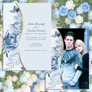 Blue Floral w/Custom Photo Wedding Invitation