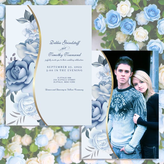 Blue Floral w/Custom Photo Wedding Invitation  (Creator Uploaded)